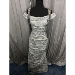 Alex Evenings Dress Womens 6 Silver Ruched Off Shoulder Beaded Maxi Formal Prom